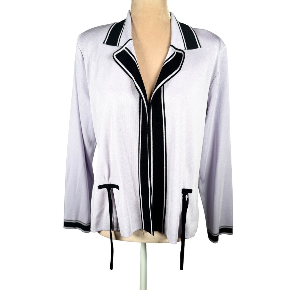 Misook Lavender Open Cardigan Sweater Womens Medium Petite Black Trim Bows